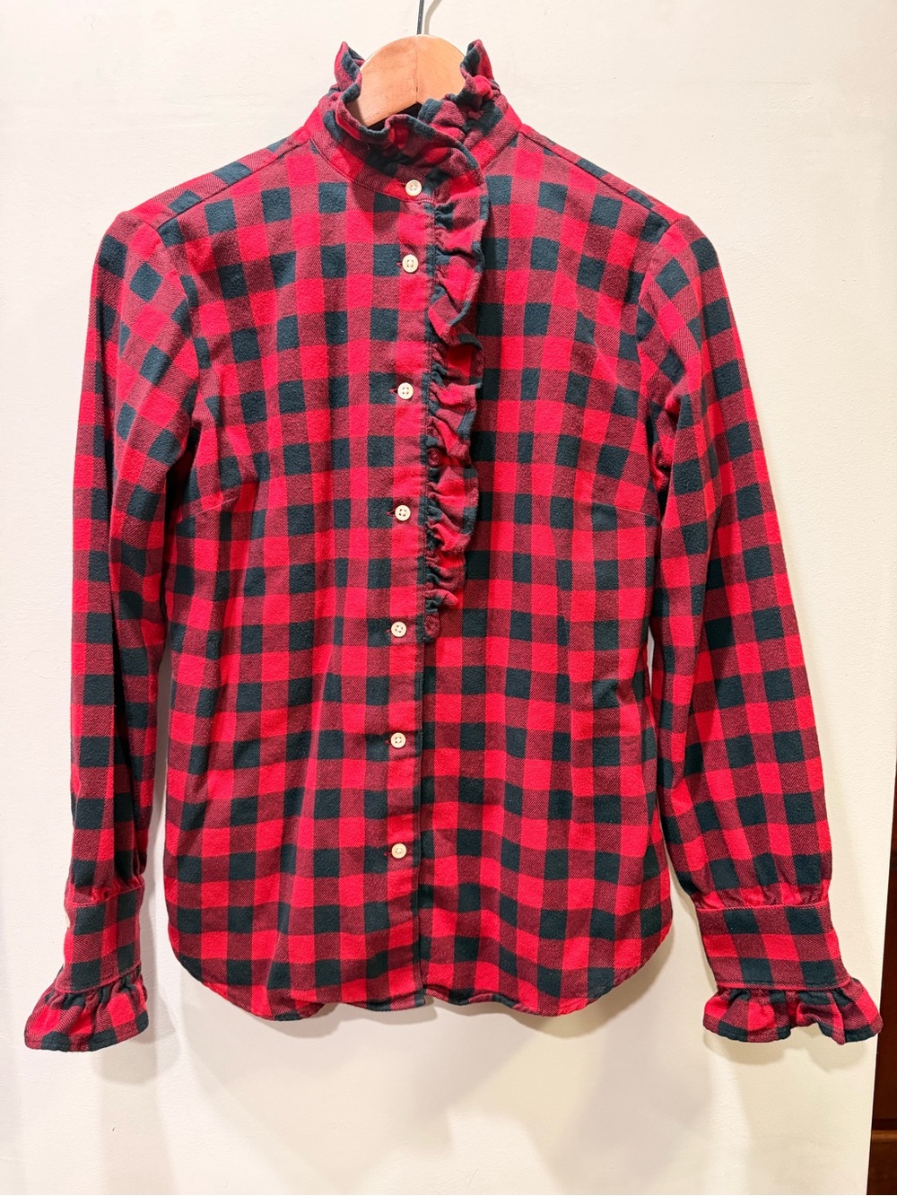 💎 Ralph Lauren Sport Red & Black Buffalo Plaid Ruffle Trim Shirt - Size 6 💎
